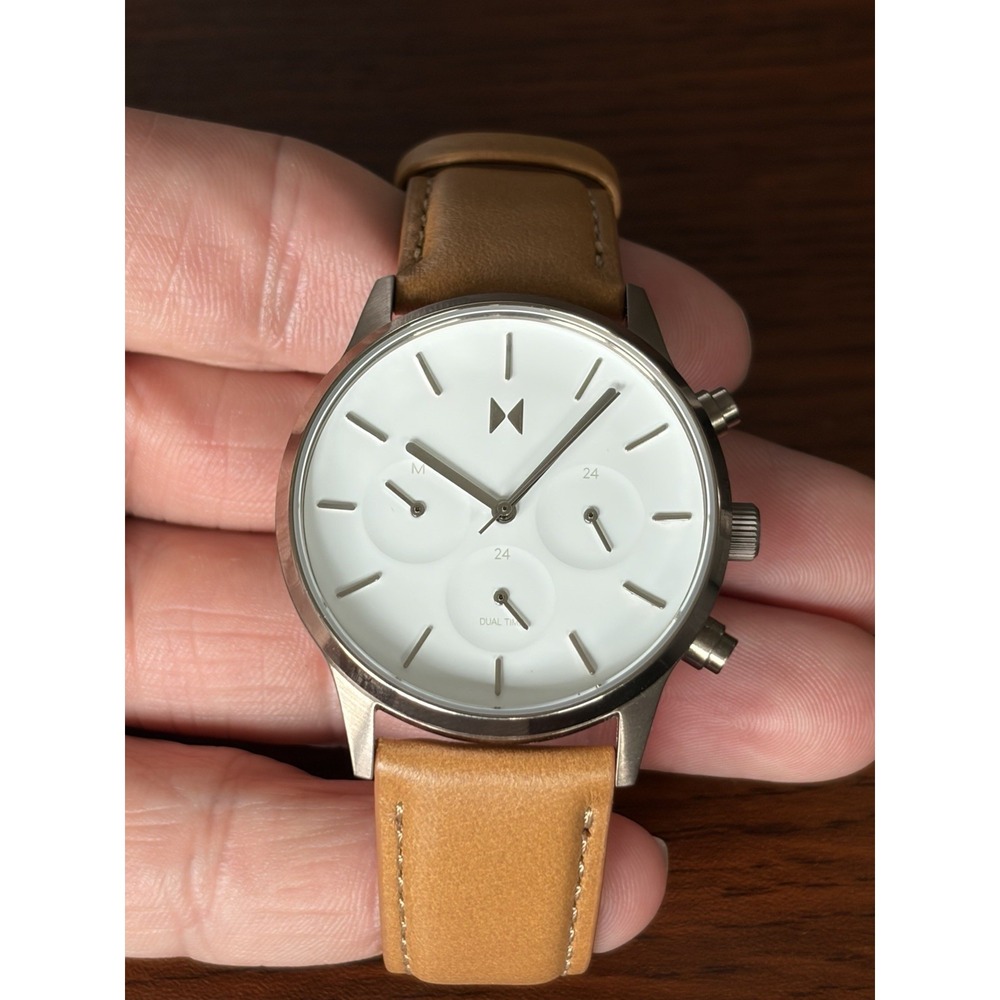 MVMT Duet Chronograph Watch Brown Leather Band Women Classy Analog Needs Battery